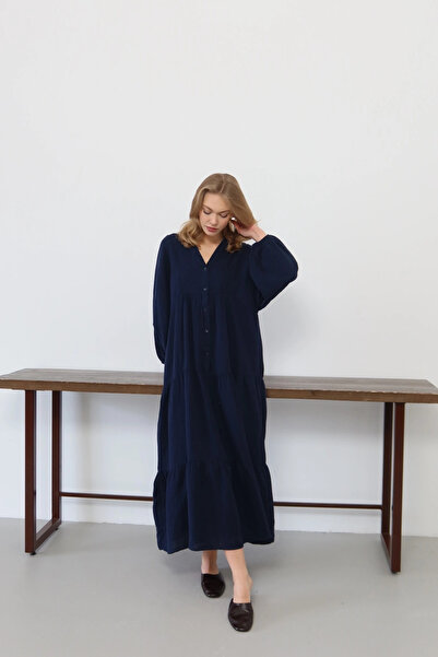 Lusin Women's Navy Blue Bohemian Style Muslin Fabric Comfortable Fit Lined Lo...