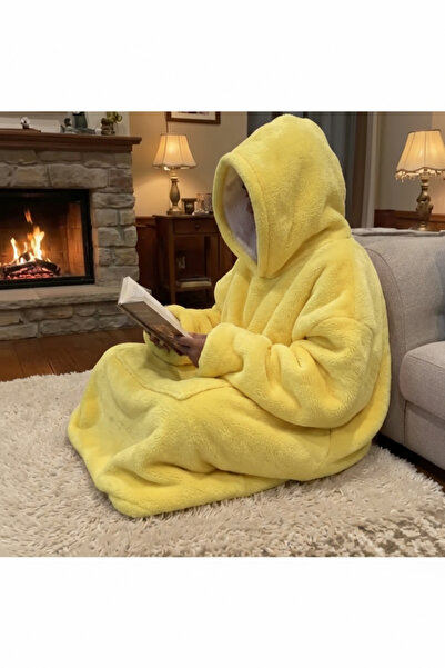 Animory Sarı Peluş Hoodie Battaniye Oversize Kapüşonlu Giyilebilir Battaniye,...