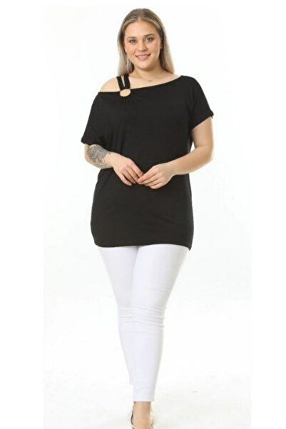 Te&Te Women's Plus Size Black Madonna Collar Ring Detailed Tshirt