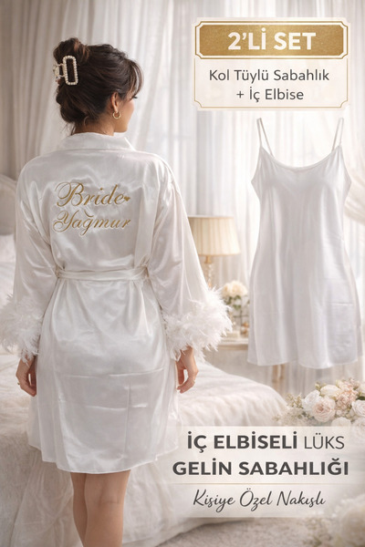 ALAZ TASARIM HOBİ Gelin Sabahlık Seti – Kol Tüylü Sabahlık & Ayarlanabilir As...