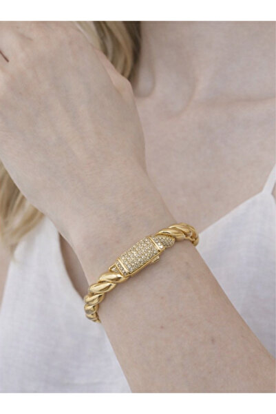 BERUNA Kadın Gold Renk Burgu Zincir Detaylı Zirkon Taşlı Kelepçe Bileklik