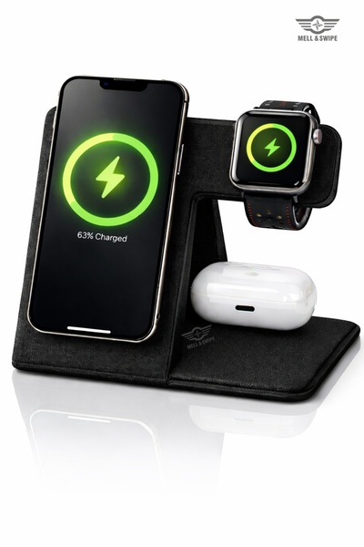 MELL & SWIPE Premium Katla 3'ü 1 Arada 15W Wireless Kablosuz Şarj İstasyonu M...