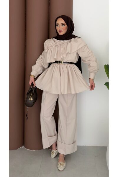 Modanurgul Qatar Fırfırlı Beli Lastikli Takım - Bej