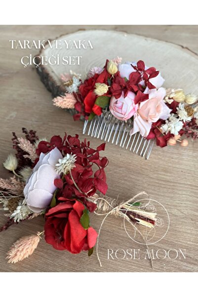 Tasarım ROSEMOON Bordo & Pudra Pembe Çiçekli Tarak ve Yaka Çiçeği - Düğün Aks...
