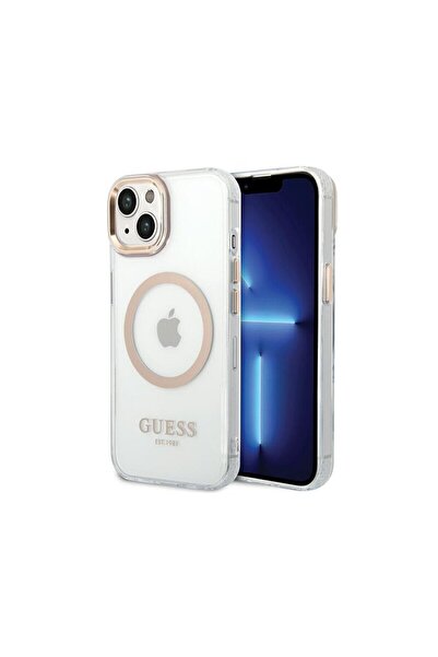 Guess Metal Outline MagSafe Case for iPhone 15 Plus, Gold
