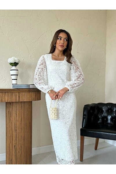 Ekim Store Lined Balloon Sleeve Lace Long Dress