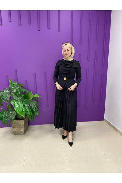 Seyteks Kadın Pileli Uzun Elbise Tesettür Gold Kemerli Drapeli Detaylı Şık Ab...