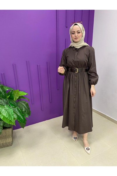 Seyteks Kadın Kemerli Uzun Gömlek Elbise Tesettür Düğmeli A Kesim Midi Boy Gü...