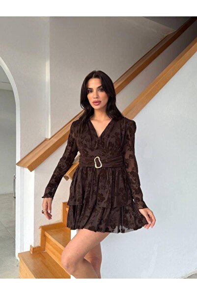 ALVOR V-Neck Waist-Tied Floral Patterned Chiffon Dress