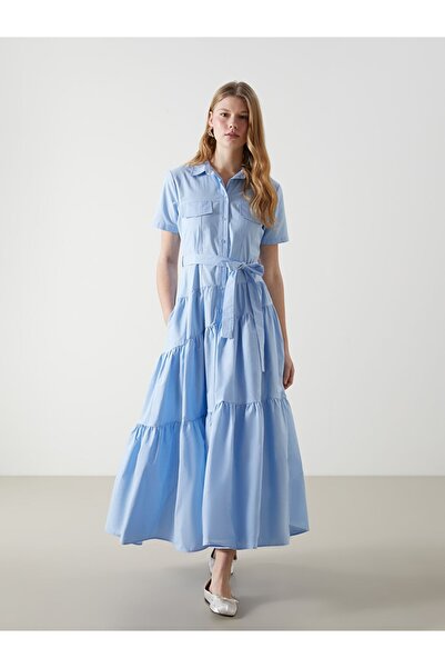 LC Waikiki Lcw Xside Blue Poplin Women Shirt Dress