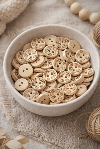 iğne izi 15 mm Floral Patterned Wooden Button 50 Pieces – 2-Hole Natural Colo...