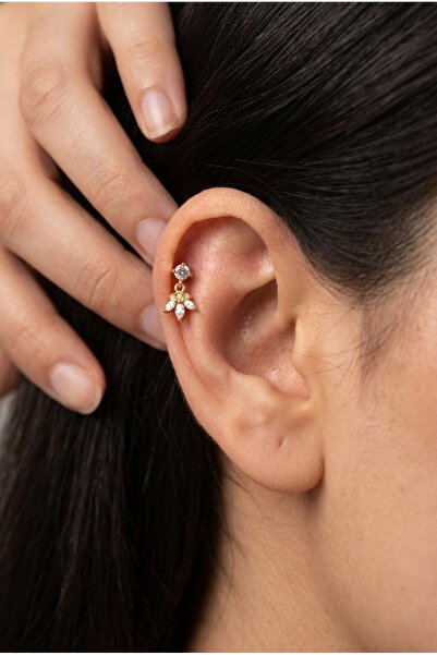 Dushico Zarif Zirkon Taşlı Sallantılı Lotus Detay Çelik Tragus Helix Piercing