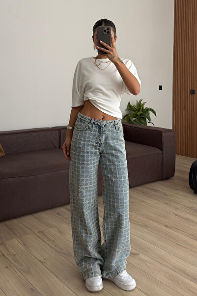 ALVOR Checkered Tasseled Wide Leg Blue Jeans