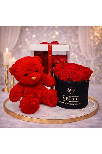 velve Pachet Special Valentine,ursulet Tommy si aranjament cu 7 trandafiri de...