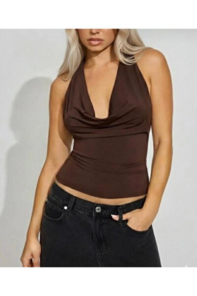 Linich&Co Women's Brown Halter Degaje Collar Halter Neck Crop Top Body 9074