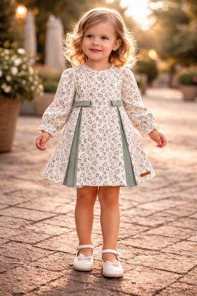 Atlas Baby House Baby Girl-Child Minimal Heart Patterned Front Pleated Green Dress 6-18 Months