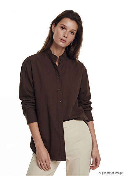 LC Waikiki LCW Modest Καφέ Γυναικείο Πουκάμισο Τουνίκ με Γιακά από Ποπλίνα