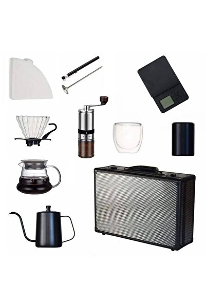 Tradeo طقم قهوة محمول للسفر مع مطحنة وغلاية وقطارة، طقم تحضير كامل