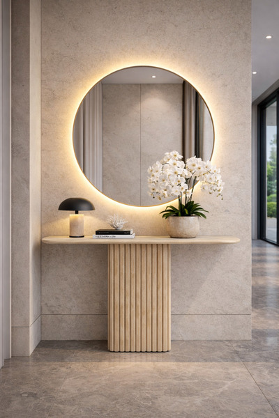 esila marble art Lüks Traverten Dresuar – Fluted Ayaklı Modern Villa Giriş Ko...