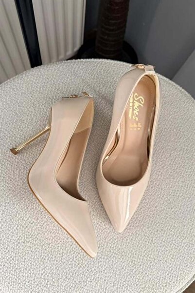 Difolia Women's Alexal Beige Patent Leather Back Buckle Detail 10 cm Thin Hee...