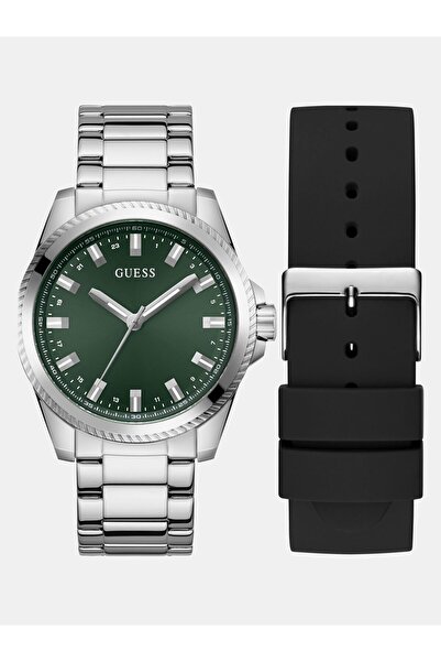 Guess Mens Silver Tone Analog Watch Box Set