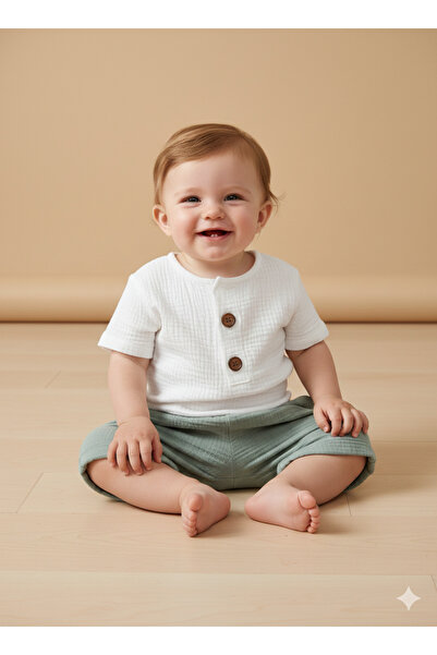 ALYAKİDS Unisex Baby Muslin Shorts Set - Cotton Summer Baby Set with 2 Button...