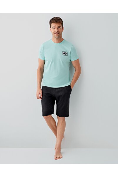 Arnetta Мъжки памучен комплект пижама с къси ръкави в тюркоазен/жълт цвят и ш...