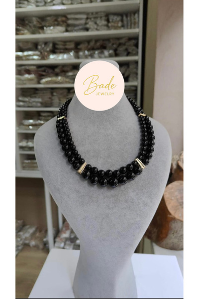 Bade Jewelry Vip Double Row Gold Detailed Black Bead Necklace