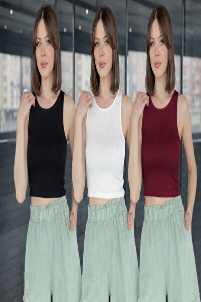 MODA BORSASI 3 Pcs Women's Ribbed Crew Neck Camisole Crop Blouse