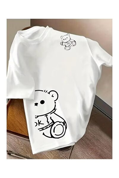 Massgai Unisex Bear Ok Shape Printed Oversize 100% Cotton T-Shirt