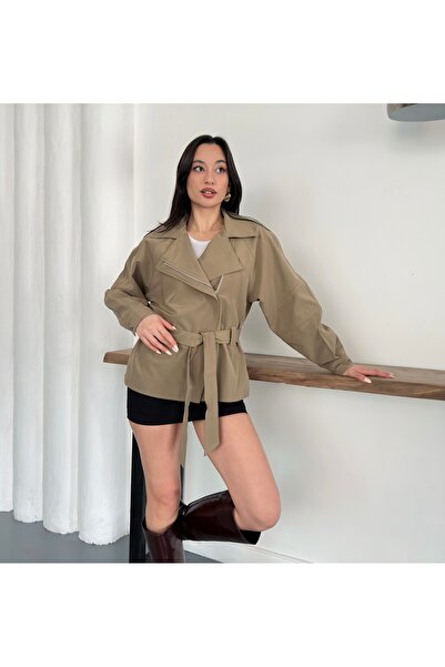timagna Kadın Trençkot Kısa Bağlama Detaylı Fermuarlı Mevsimlik Trenç Ceket