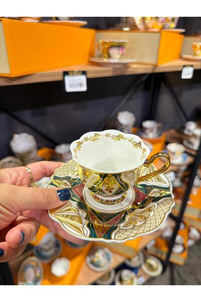Vakıf home ROY KING Porselen 24 K Yaldız Kahve Fincan Takımı Seti 6 Kişilik 1...