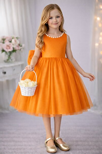 nsmkidslife Menekşe Model Yaka İncili Kız Çocuk Elbise Saten Üst, Kabarık Hay...