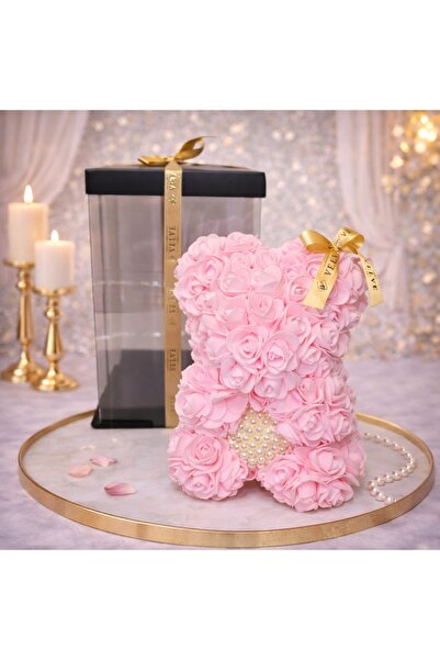 velve Pink floral teddy bear made of foam roses with a pearl heart, hand-deco...