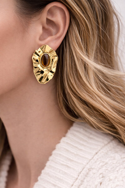 Tasarım Women's Gold Color Oval Stone Detailed Modern Earrings