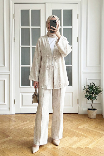 MODAQU Linen Kimono Trouser Set with Lace-Up Front – Stone