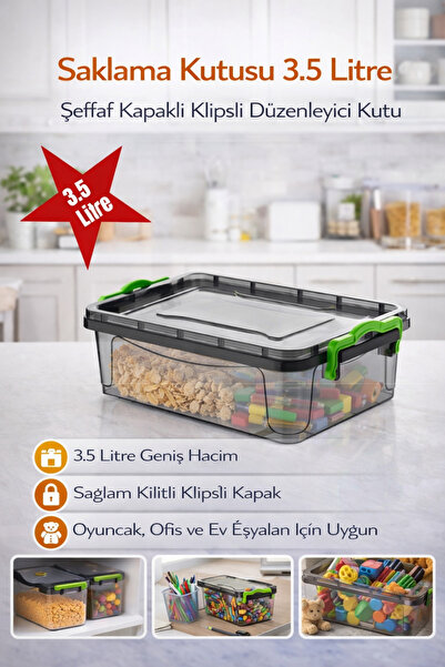 Hane Dostu Saklama Kutusu 3.5 Litre – Şeffaf Kapaklı Klipsli Düzenleyici Kutu