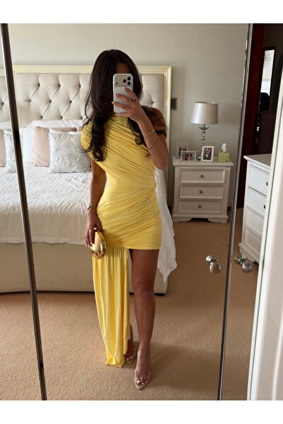 theanemos Asimetrik Drapeli Kuyruklu Elbise - Sarı