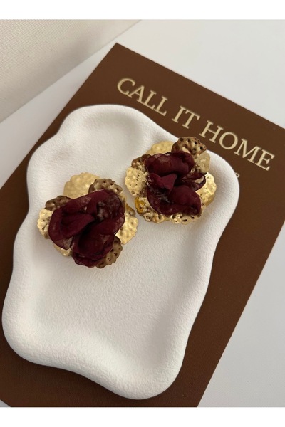 Tasarım Red Tulle Flower Detailed Gold Color Statement Women's Earrings