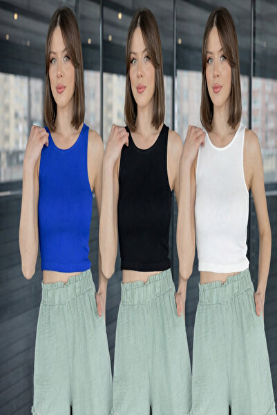 MODA BORSASI 3 Pcs Women's Ribbed Crew Neck Camisole Crop Blouse