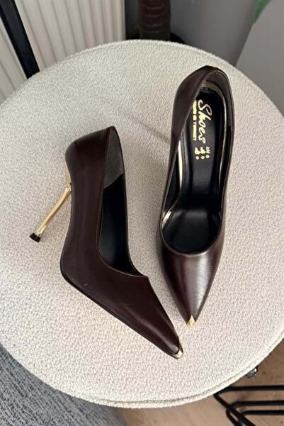 Difolia Women's Lipo Brown Metal Toe Detail 10 cm Thin Heeled Shoes & Stilettos