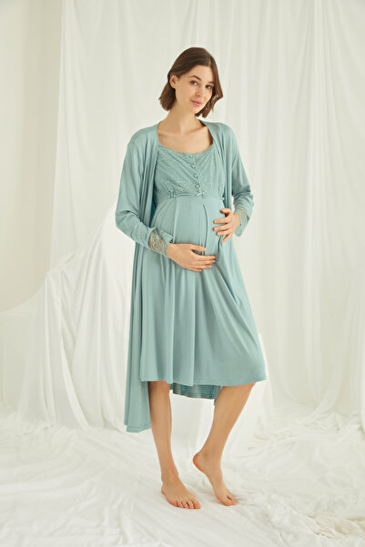 MONAMİSE Women'S, Viscose, Square Collar, Light Green, Lace Maternity Nightgo...