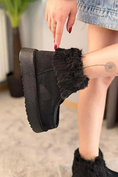 Difolia Women's Impera Black Suede Fur Zippered 4 cm Thick Sole Short Boots