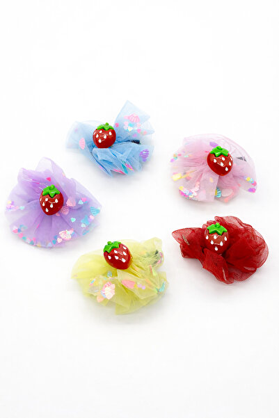 MakeWell Cherry Figured Tulle Bow Hair Clip Set of 2 – Girls' Pink & Yellow R...