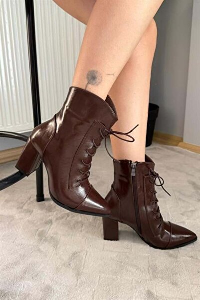 Difolia Women's Cora Brown Patent Leather Side Zipper Lace-Up Detailed Thick ...