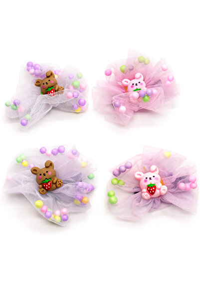 MakeWell Rainbow Teddy Bear Flower Figured Tulle Bow Hair Clip Set of 2 – Gir...