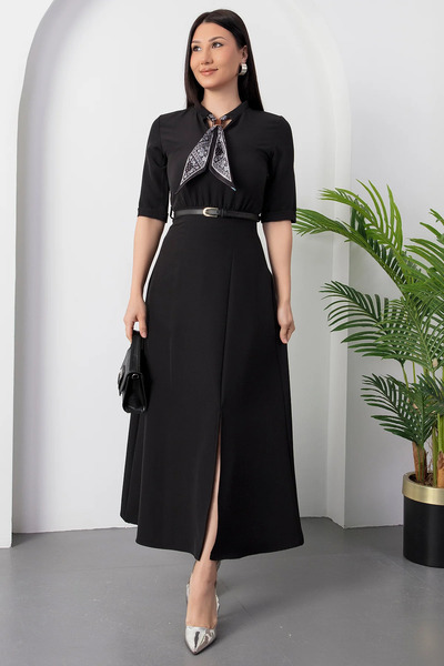 civetta Women's Short Sleeve Maxi Dress with Scarf and Belt Detail and Front ...