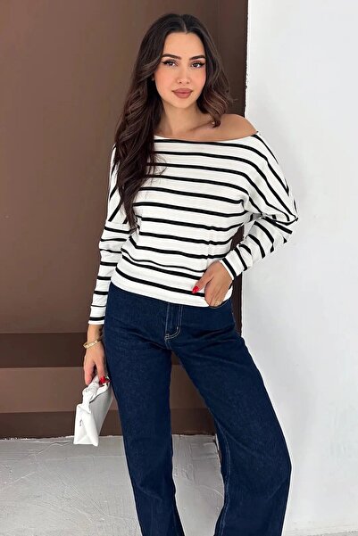 Butikcadde Women's Off-The-Shoulder Striped Blouse