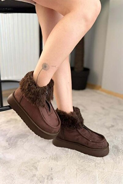 Difolia Women's Impera Brown Suede Fur Zippered Short Boots with 4 cm Thick Sole