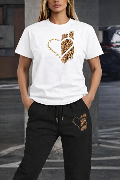 zeag Women's Leopard Heart Printed Tracksuit T-Shirt Set